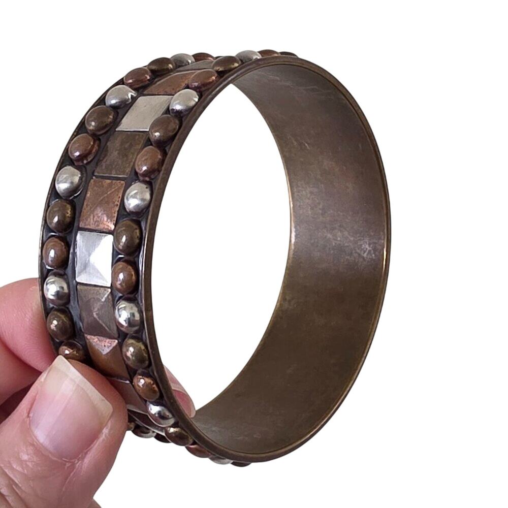 Vintage Wide Mixed Metal Studded Bangle Bracelet Copper Brass Silver One Size
